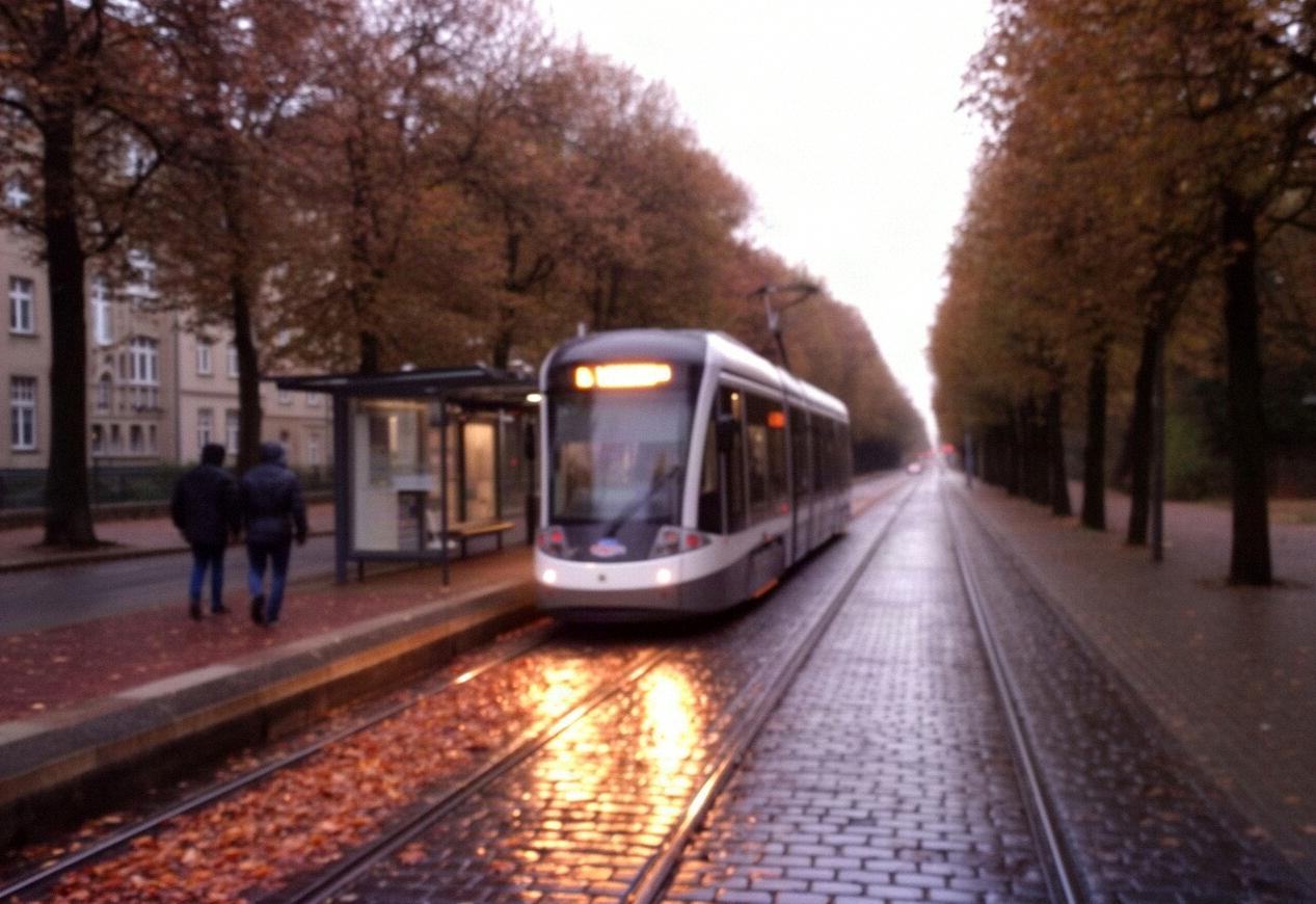 Tramwaj na przystanku przy szerokiej alei w mokry jesienny wieczór